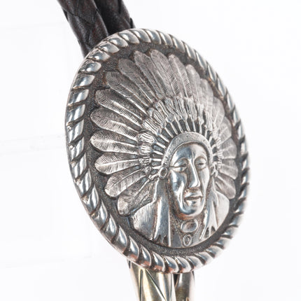 Edward Bohlin "Chief Red Wolf" Sterling silver hand engraved bolo tie Indian