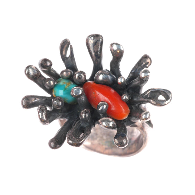 sz6.5 Vintage Brutalist southwestern sterling silver turquoise/coral ring