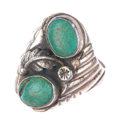 sz9 50's-60's Vintage Navajo sterling silver green turquoise long men's ring