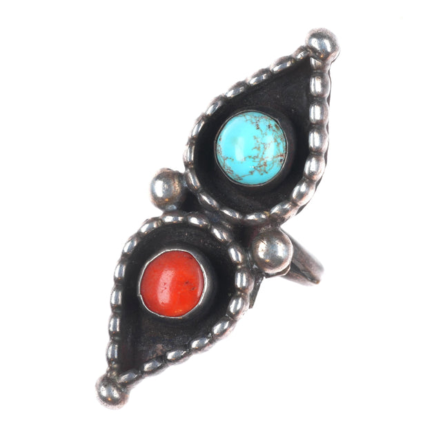 sz6.5 Long vintage Navajo sterling silver turquoise/coral beaded rim ring