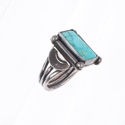 sz7 Vintage Navajo sterling silver ring twisted wire bezel nice turquoise