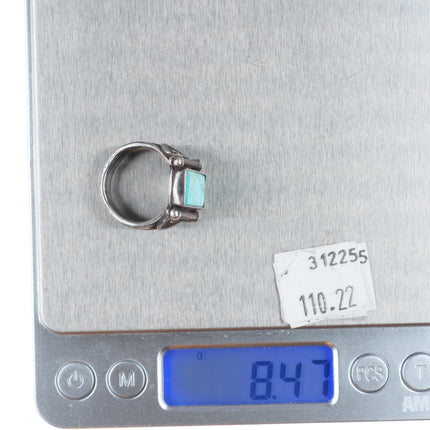 sz7 Vintage Navajo sterling silver ring twisted wire bezel nice turquoise