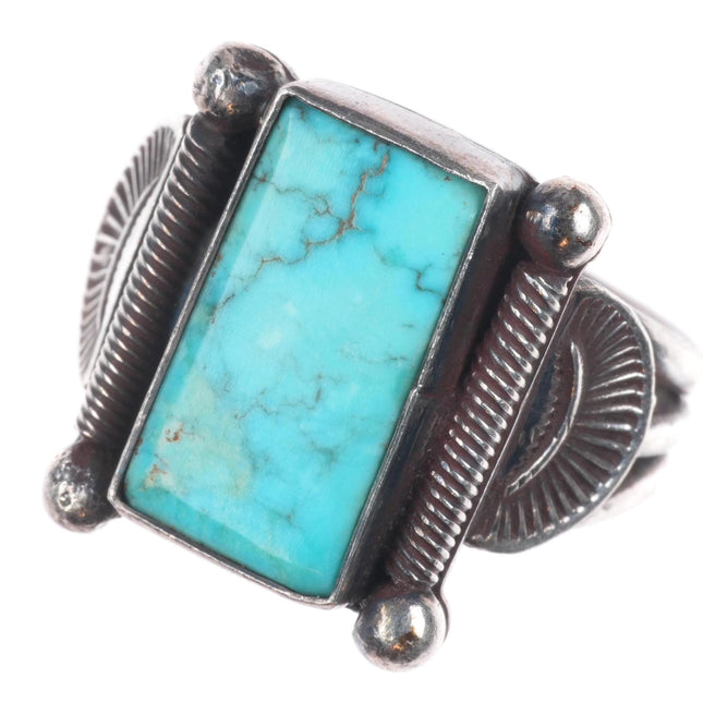 sz7 Vintage Navajo sterling silver ring twisted wire bezel nice turquoise