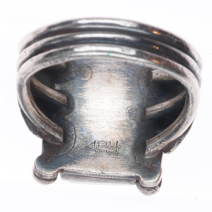 sz7 Vintage Navajo sterling silver ring twisted wire bezel nice turquoise