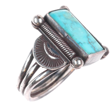 sz7 Vintage Navajo sterling silver ring twisted wire bezel nice turquoise