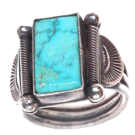 sz7 Vintage Navajo sterling silver ring twisted wire bezel nice turquoise