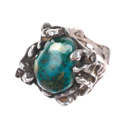 sz10 Vintage southwestern modernist brutalist sterling silver chrysocolla ring