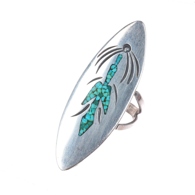 sz7 Tommy Singer Navajo sterling silver peyote bird chip inlay turquoise ring