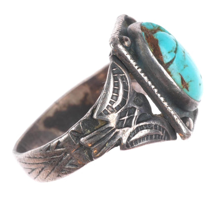 sz7.5 20's-30's Vintage Navajo sterling silver thunderbird ring with turquoise
