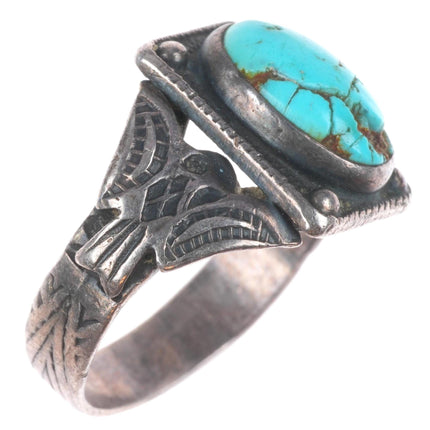 sz7.5 20's-30's Vintage Navajo sterling silver thunderbird ring with turquoise