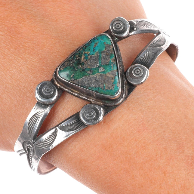 6.4" 1930's Navajo ingot/sterling silver deep stamped cuff bracelet w/ turquoise