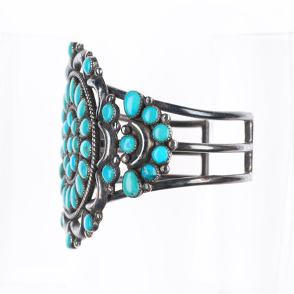 6.6" 40's-50's Zuni repousse sterling silver turquoise cluster cuff bracelet