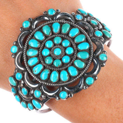 6.6" 40's-50's Zuni repousse sterling silver turquoise cluster cuff bracelet