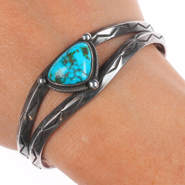 6.5" c1940's Navajo carinated sterling silver high grade turquoise cuff bracelet