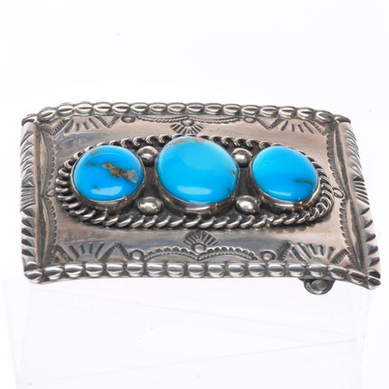 Vintage Navajo sterling silver deep stamped belt buckle with nice turquoise