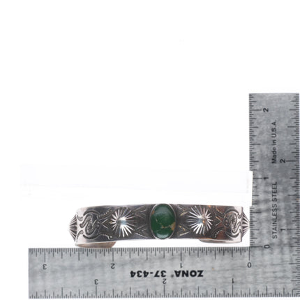 6.25" 1930's Navajo sterling silver snakes/arrows green turquoise cuff bracelet