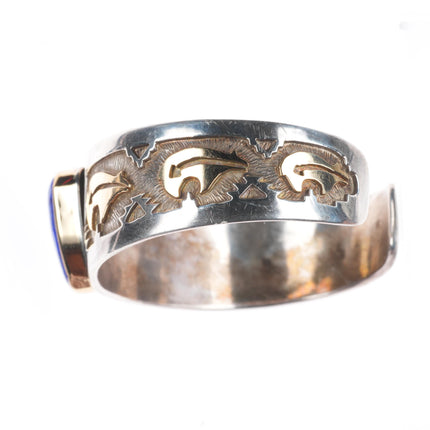 6.6" Dina Huntinghorse 14k gold/sterling silver Lapis cuff bracelet Kiowa