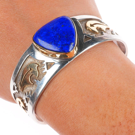 6.6" Dina Huntinghorse 14k gold/sterling silver Lapis cuff bracelet Kiowa