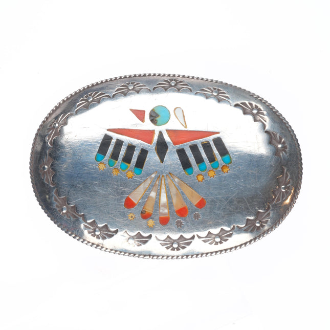 Vintage Benjamin Becenti Navajo sterling silver thunderbird inlay belt buckle