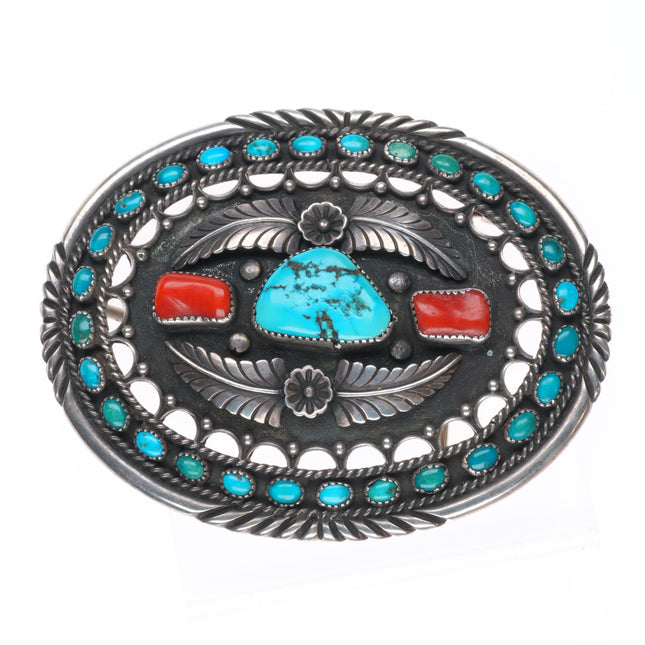 Vintage AJ Navajo sterling silver, turquoise/coral snake eye rim belt buckle