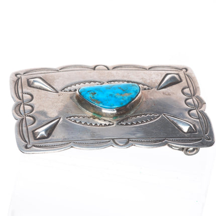 Vintage Navajo sterling silver hand stamped repousse belt buckle with turquoise