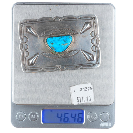Vintage Navajo sterling silver hand stamped repousse belt buckle with turquoise