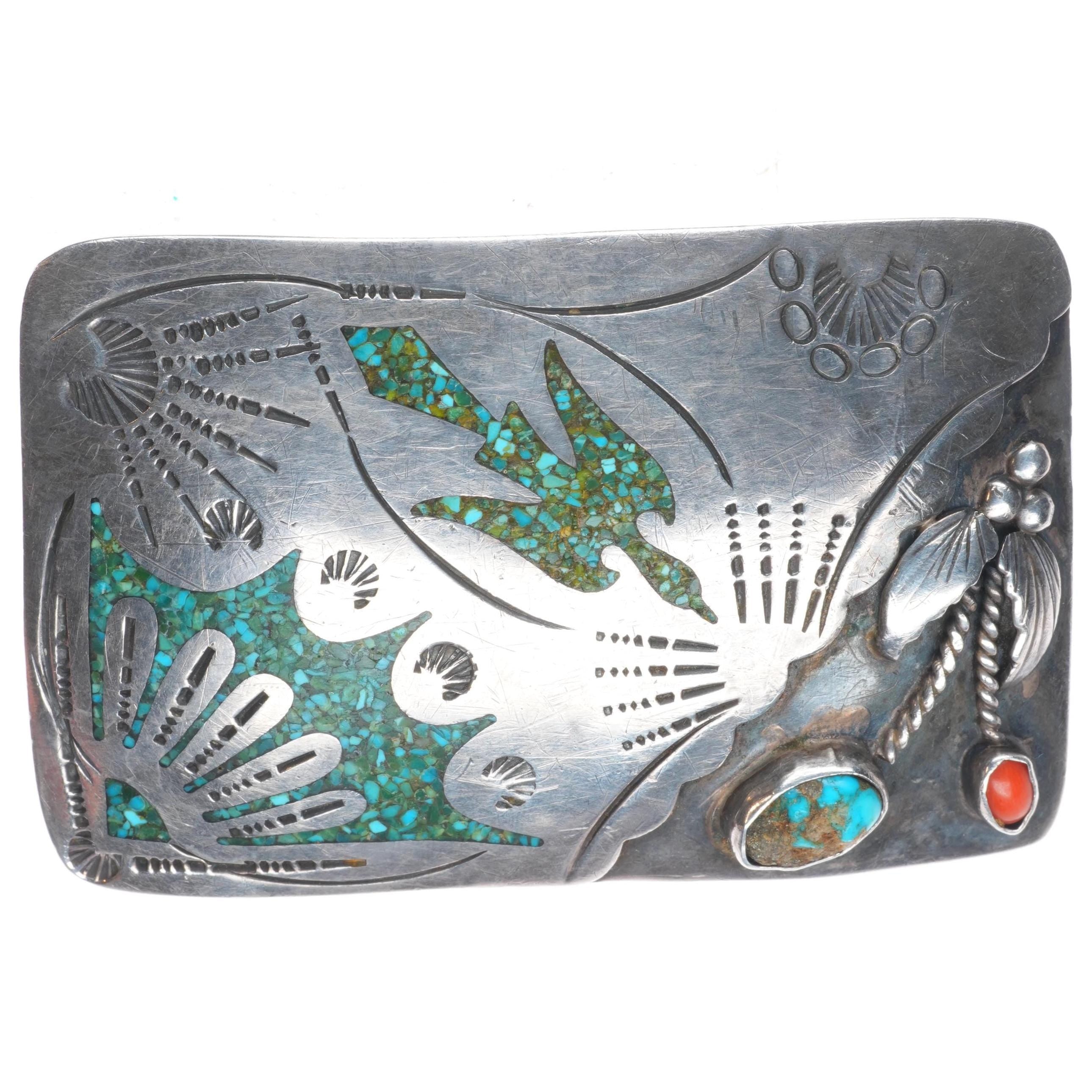 Sterling Silver Navajo Turquoise, Coral Inlaid Belt Buckle (Vintage) Vintage 70 main image 3