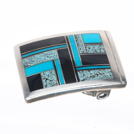 Ray Tracey Knifewing Navajo sterling silver, turquoise, onyx inlay belt buckle