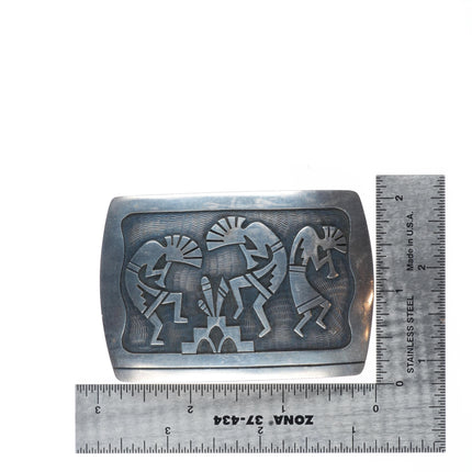 Trinidad Lucas Hopi Overlay Kokopelli fire dancers sterling silver belt buckle