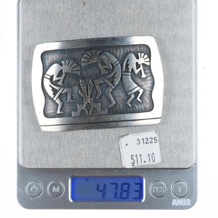 Trinidad Lucas Hopi Overlay Kokopelli fire dancers sterling silver belt buckle