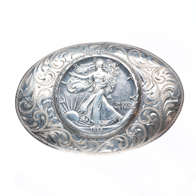 1989 US Silver Dollar Reno Nevada Hand engraved sterling silver belt buckle