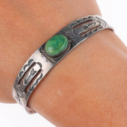 6" c1930 Navajo Ingot silver arrow stamped green turquoise cuff bracelet