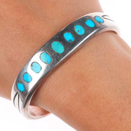 6.5" 40's-50's Vintage Zuni sturdy sterling silver inlay turquoise cuff bracelet