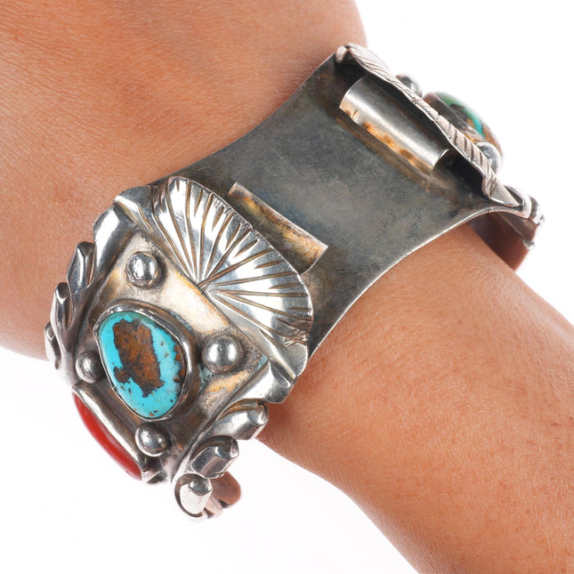 7" Pilot Mountain turquoise/coral Navajo sterling silver watch cuff bracelet