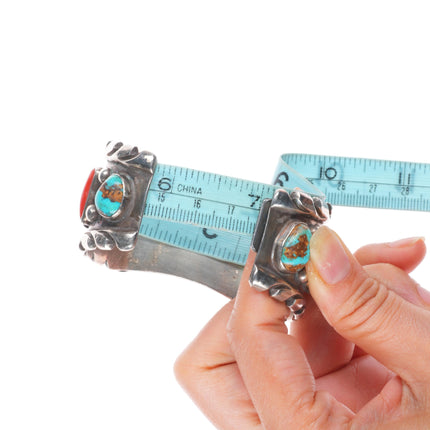 7" Pilot Mountain turquoise/coral Navajo sterling silver watch cuff bracelet