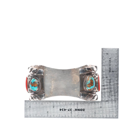 7" Pilot Mountain turquoise/coral Navajo sterling silver watch cuff bracelet