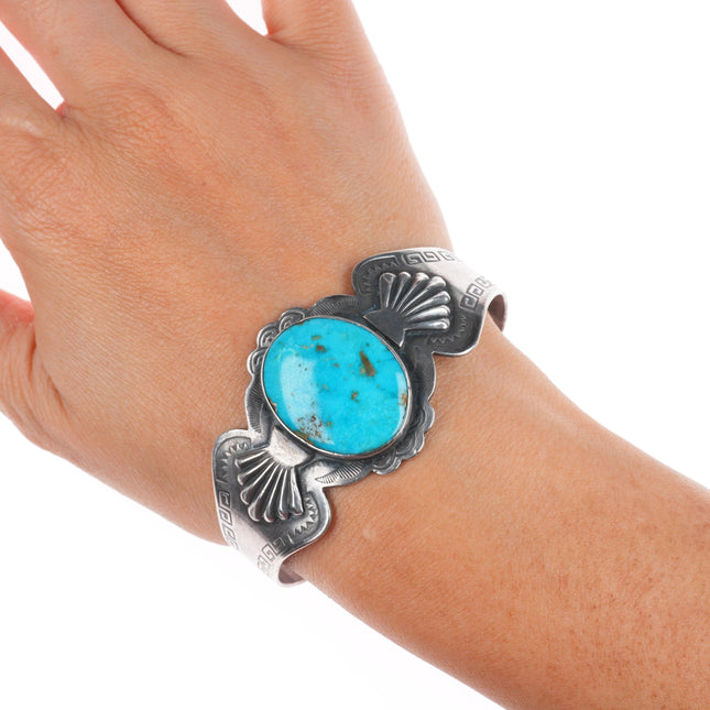 6.75" c1950 Vintage Fred Harvey type sterling silver turquoise cuff bracelet