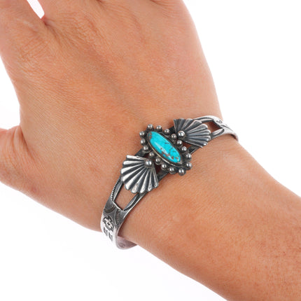 6.5" 1940's Fred Harvey type sterling silver thunderbird turquoise cuff bracelet