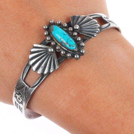 6.5" 1940's Fred Harvey type sterling silver thunderbird turquoise cuff bracelet