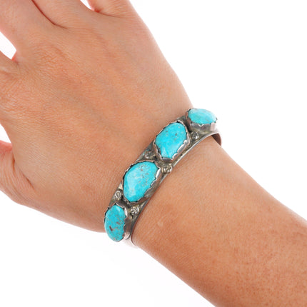 6.25" Vintage Zuni sterling silver chunky turquoise row cuff bracelet