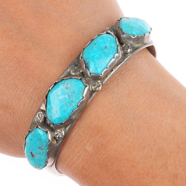 6.25" Vintage Zuni sterling silver chunky turquoise row cuff bracelet