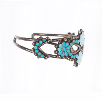 6.5" 40's-50's Vintage Dishta Zuni sterling silver inlay turquoise cuff bracelet