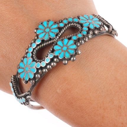 6.5" 40's-50's Vintage Dishta Zuni sterling silver inlay turquoise cuff bracelet