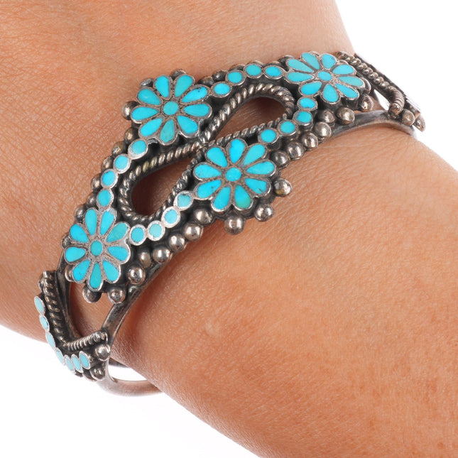 6.5" 40's-50's Vintage Dishta Zuni sterling silver inlay turquoise cuff bracelet