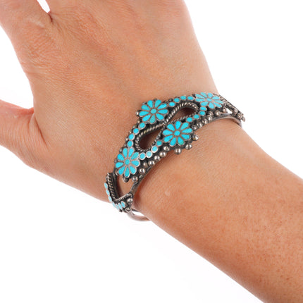 6.5" 40's-50's Vintage Dishta Zuni sterling silver inlay turquoise cuff bracelet