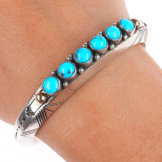 6.3" Jerome Begay Navajo sterling silver/14k gold turquoise row cuff bracelet