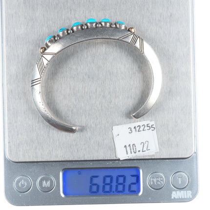 6.3" Jerome Begay Navajo sterling silver/14k gold turquoise row cuff bracelet