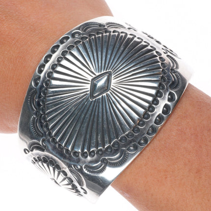 7.25" Kenny Bracken deep stamped southwestern sterling silver wide cuff bracelet