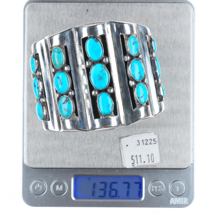 6.5" vintage southwestern modernist sterling silver turquoise row cuff bracelet