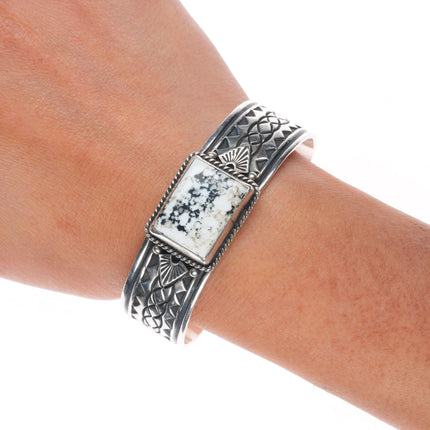 6.4" Albert Jake Navajo sterling silver White Buffalo deep stamped cuff bracelet